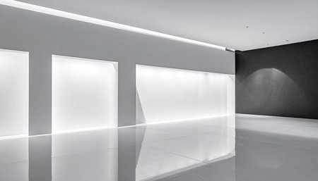 White empty gallery interior with black walls and white floor. 3d renderingの素材