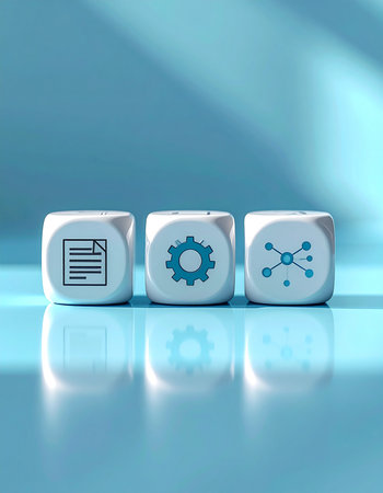 3d illustration of white cubes with gears and data icon over blue backgroundの素材