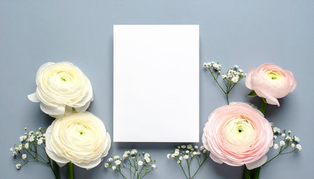 Beautiful ranunculus flowers and blank card on color background, top viewの素材