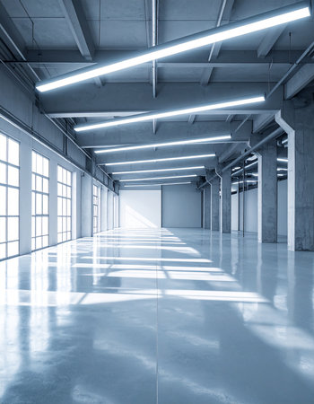 Interior of empty warehouse with light in blue tone, perspective viewの素材