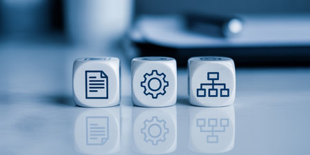 Cubes with business icons on a reflective surface, blue tonedの素材