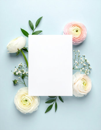 Beautiful ranunculus flowers and blank card on color background, top viewの素材