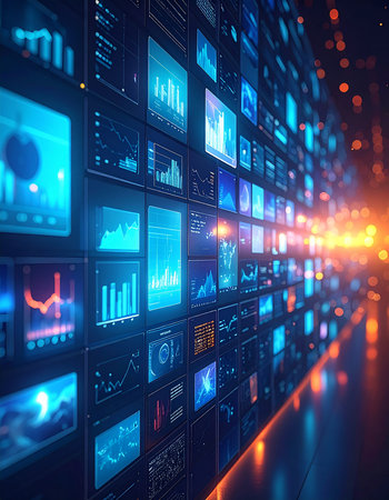 Futuristic user interface with glowing charts and diagrams. 3d renderingの素材