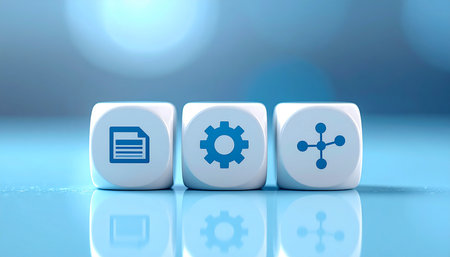 3D rendering of white dice with symbol settings icon over blue bokeh backgroundの素材