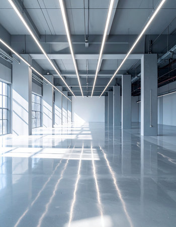 interior of modern office building with white walls and floor, perspective viewの素材