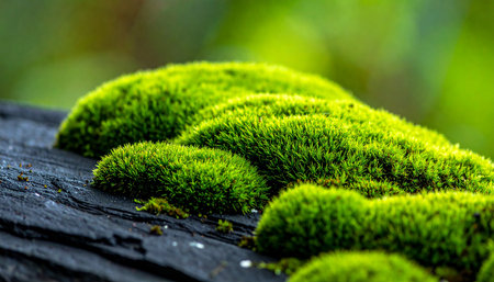 Green moss on a wooden surface in the forest. Selective focus.の素材