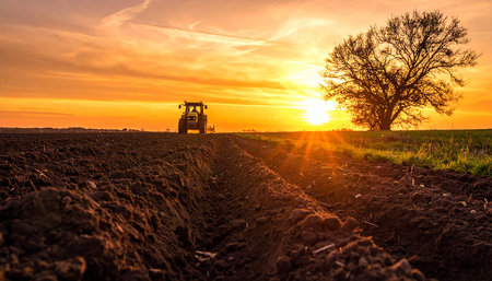 Tractor plowing a field with seedbeds at sunset.の素材