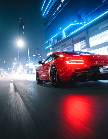 Red sport car on the road in the city at night with motion blurの素材