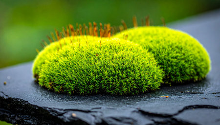Green moss on a black stone with blurred background. Selective focus.の素材