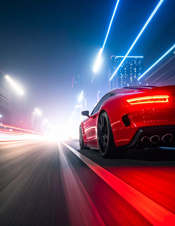 Red sport car on the road with motion blur background. Concept of fast driving.の素材