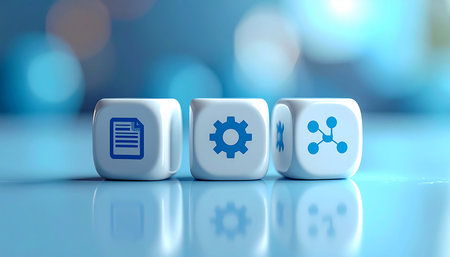 3D rendering of white dice with icon of software development on blue bokeh backgroundの素材
