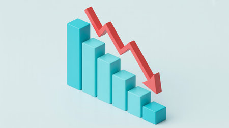 3d rendering of a business graph with red arrow on blue backgroundの素材