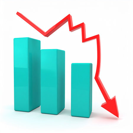 3d rendering of a business graph with a red arrow going downの素材