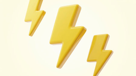 Highly rendering of yellow lightning bolt on white background with copy spaceの素材