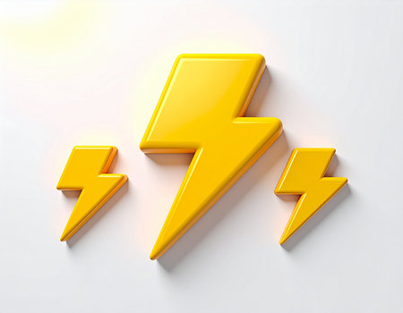 Highly rendering of yellow lightning symbol on white background with soft shadowの素材