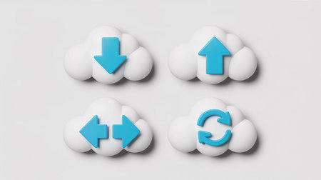 Cloud computing concept with blue arrows and white clouds, 3D renderingの素材