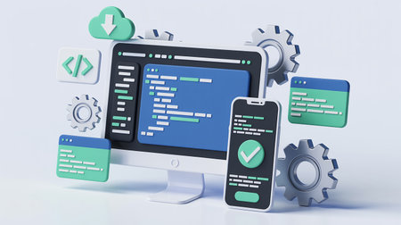Web development concept. Computer monitor, smartphone and web icons. 3D renderingの素材