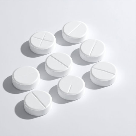 White pills on a white background. 3D illustration. Top view.の素材
