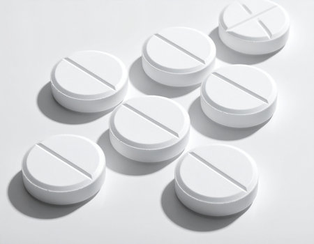 White medical pills on white background. Focus on foreground, soft bokeh.の素材