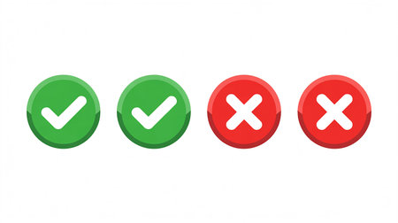 Green check mark and red cross icons isolated on white background. Vector illustration.の素材