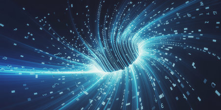 3D illustration of digital data flow with binary code. Abstract technology backgroundの素材