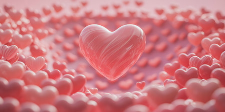 Red hearts on pink background. Valentines day background. 3D renderingの素材