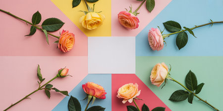 top view of colorful roses on multicolor background, flat layの素材