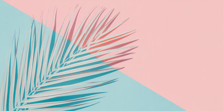 Tropical palm leaf on pastel pink and blue background. Minimal summer conceptの素材