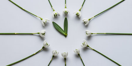 Snowdrop flowers with green leaves on white background. Flat lay, top viewの素材