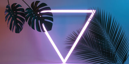 Neon triangle in the dark with palm leaves. 3d renderingの素材