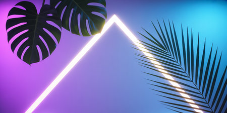 Tropical leaves and neon light background. 3d rendering.の素材