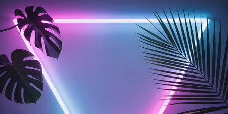 Tropical background with palm leaves and neon light. Vector illustration.の素材