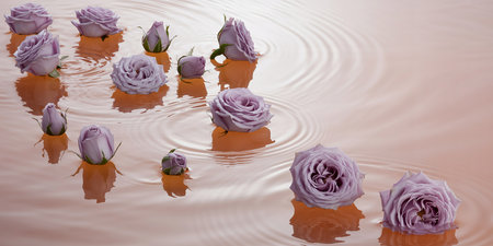 Beautiful purple roses floating in the water with reflection on it.の素材