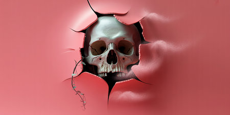 Human skull breaking through a red wall. 3d render illustration.の素材
