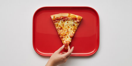 Pizza slice on a red plate in female hands on a white backgroundの素材