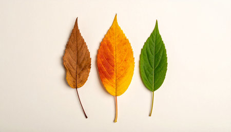 Autumn leaves on white background. Autumn concept. Flat lay, top view.の素材