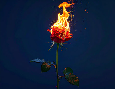 Burning rose on a dark blue background. 3D illustration.の素材