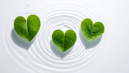 Heart shaped green leaves on white background with water ripples and copy spaceの素材