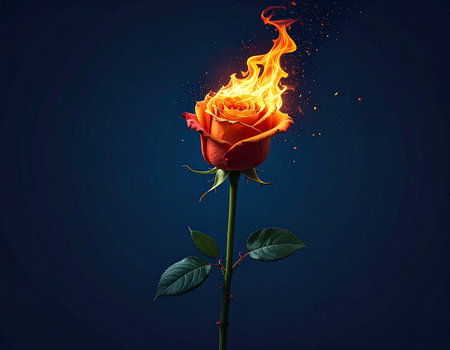 Burning rose flower with flames on dark background, 3d illustrationの素材