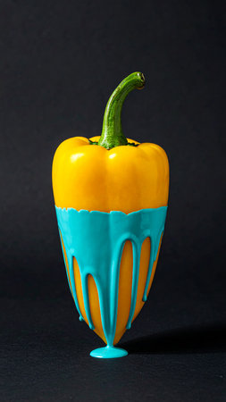 Yellow bell pepper with blue turquoise paint on a black backgroundの素材