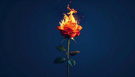 Burning red rose on a dark blue background. 3d renderingの素材