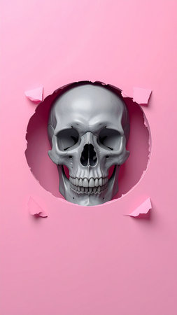Human skull peeking through hole in pink paper. Halloween concept.の素材