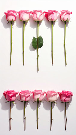 Pink roses on white background. Flat lay, top view, copy spaceの素材