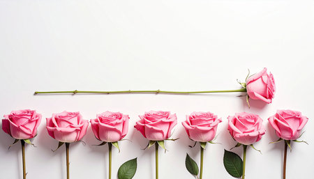 Pink roses on white background. Flat lay, top view, copy spaceの素材