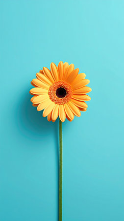 Orange gerbera flower on blue background. Minimal concept.の素材