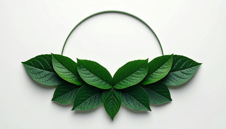 Green leaves with circle frame on white background. 3d illustration.の素材
