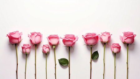 Pink roses isolated on white background. Top view. Flat lay.の素材