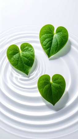 Heart shaped leaves on white water surface with copy space for your textの素材