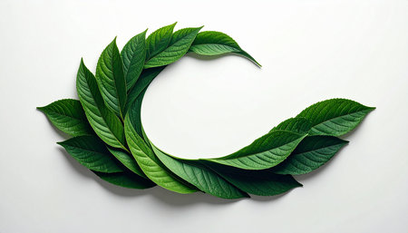 Green leaves on white background with space for text. Nature concept.の素材