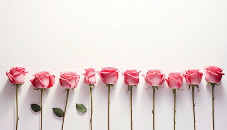Pink roses on white background. Flat lay, top view, copy spaceの素材